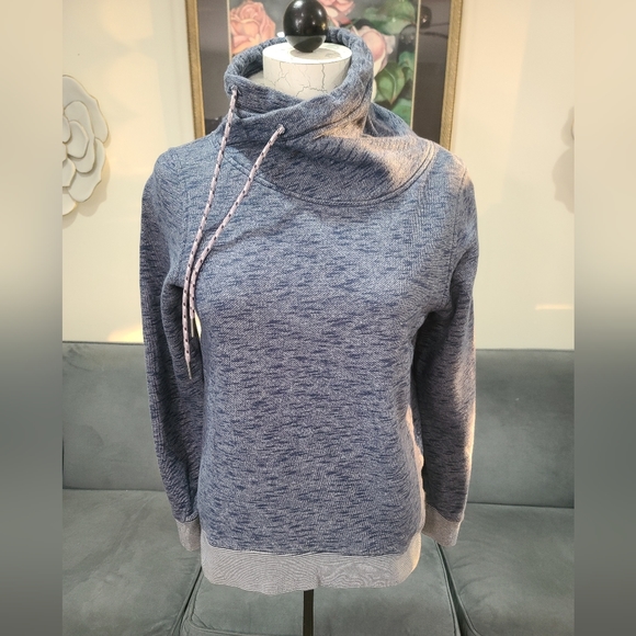 Columbia Womens Heathered Blue Asymmetrical Cowl Neck Sweatshirt Striped Trim - Picture 3 of 9